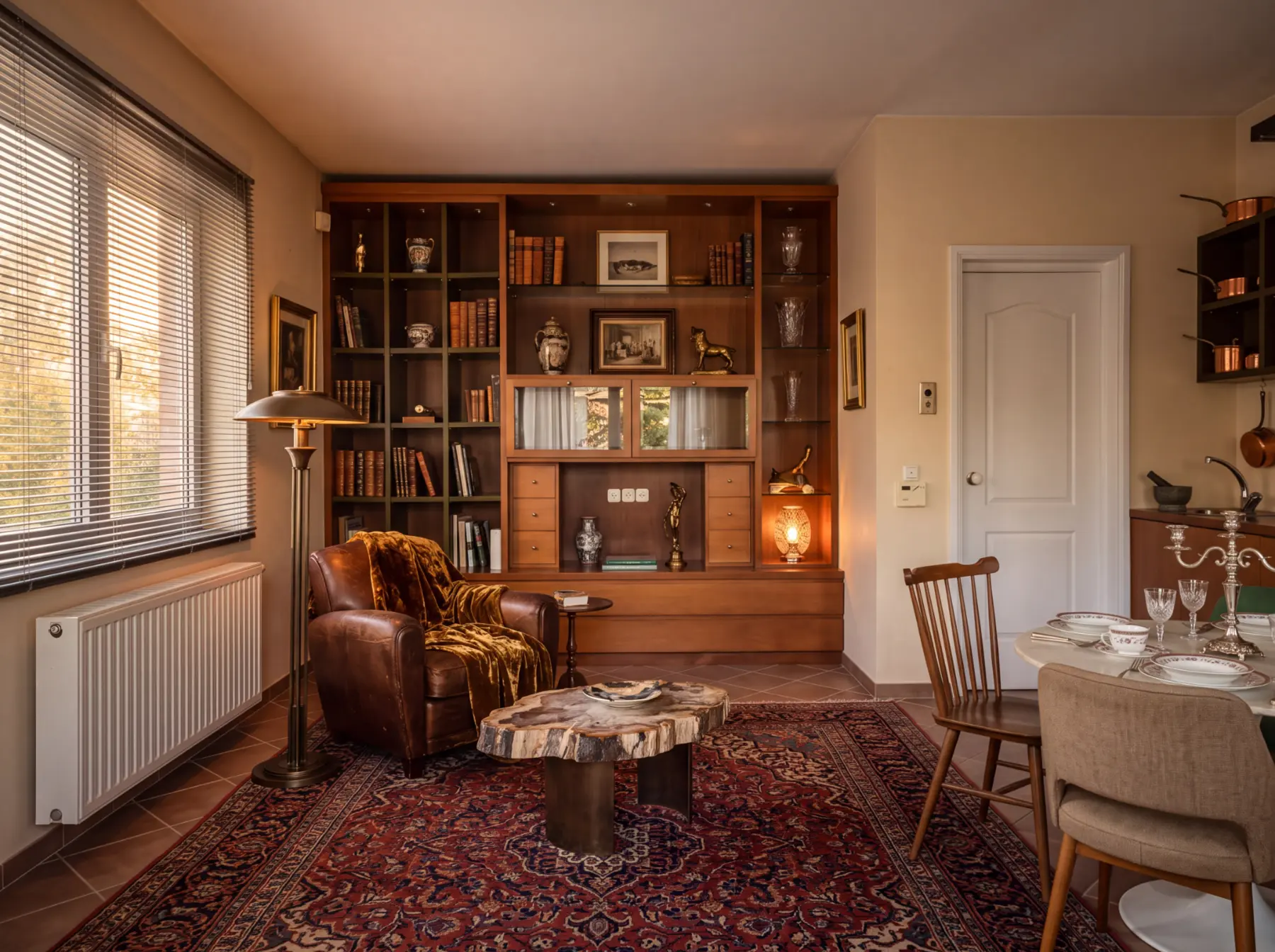 Warm library and dining space