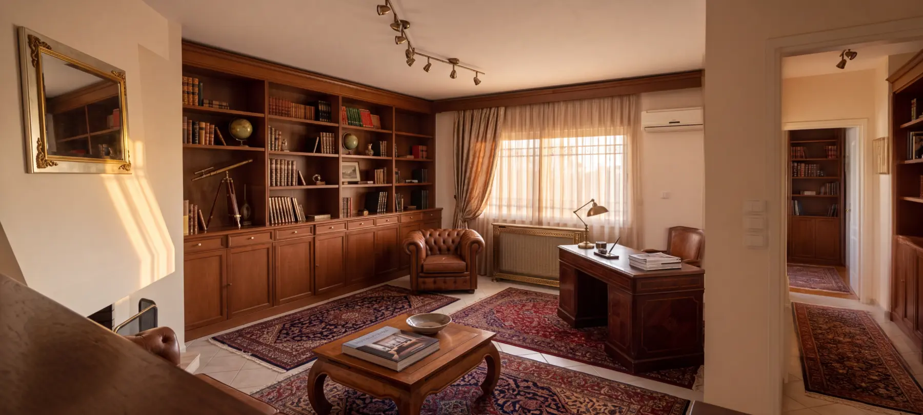 Wood-panelled home office and library